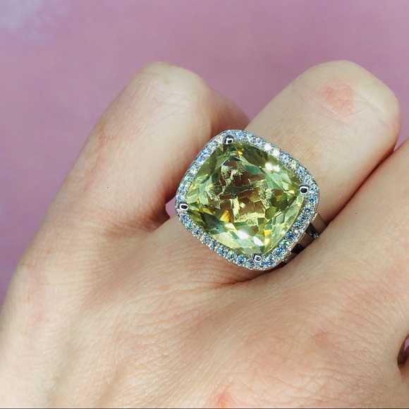 14k white gold 15 CT citrine diamond cushion ring - Picture 2 of 8